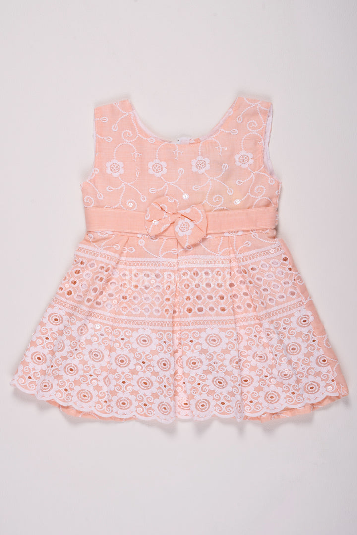 Girls Peach Cotton Embroidered Frock with Floral Design and Bow Detail for Celebrations