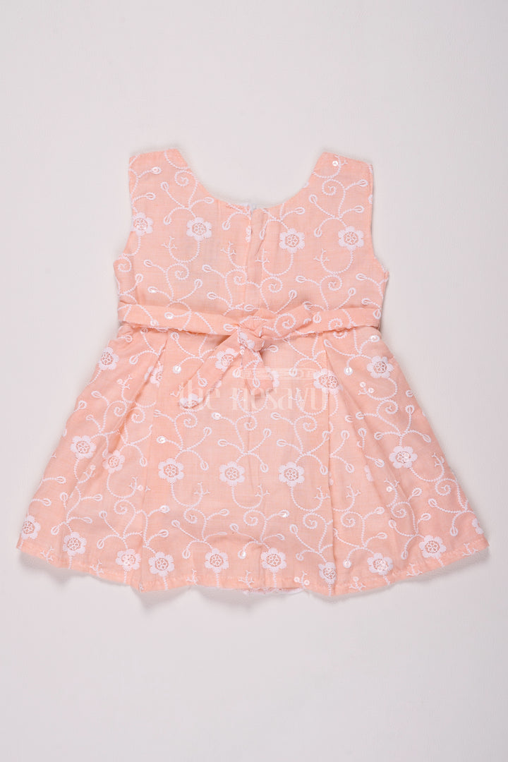 Girls Peach Cotton Embroidered Frock with Floral Design and Bow Detail for Celebrations