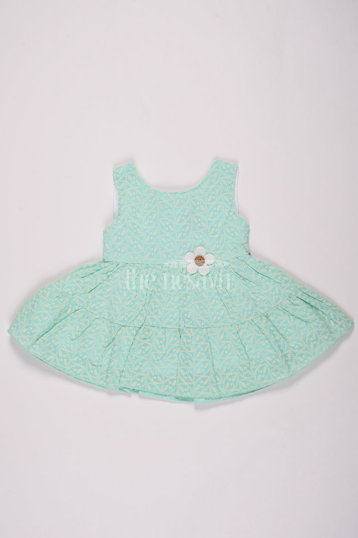 Aqua Blue Cotton Baby Frock with Floral Vine Print and Daisy Appliqué for Girls