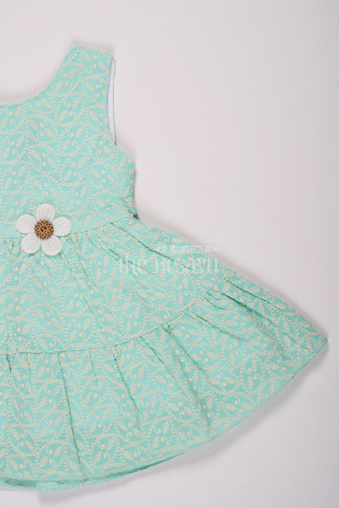 Aqua Blue Cotton Baby Frock with Floral Vine Print and Daisy Appliqué for Girls