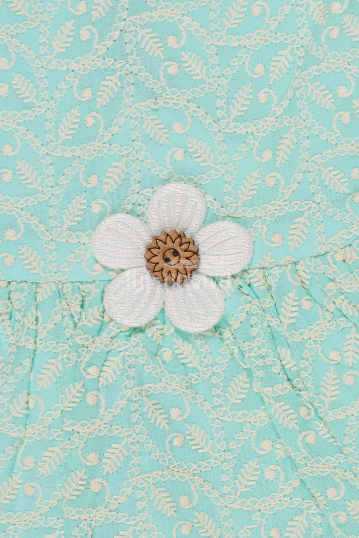 Aqua Blue Cotton Baby Frock with Floral Vine Print and Daisy Appliqué for Girls