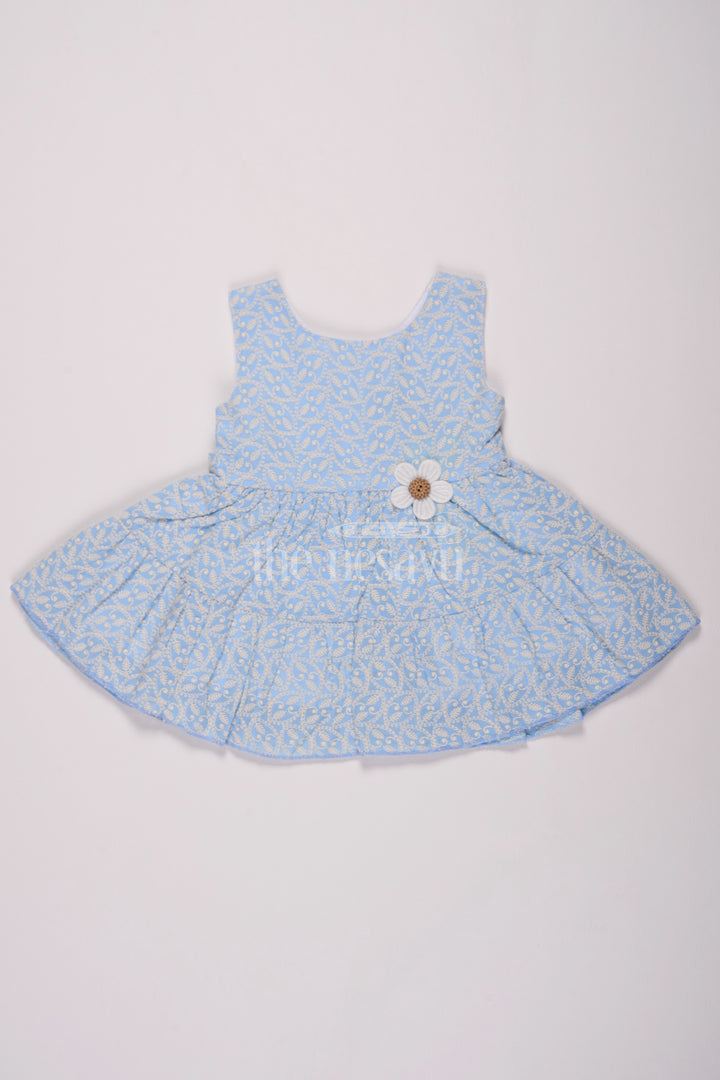 Sky Blue Cotton Sleeveless Frock with Daisy Appliqué and Floral Print for Casual Outings