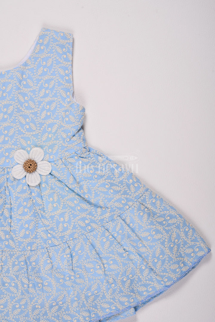 Sky Blue Cotton Sleeveless Frock with Daisy Appliqué and Floral Print for Casual Outings