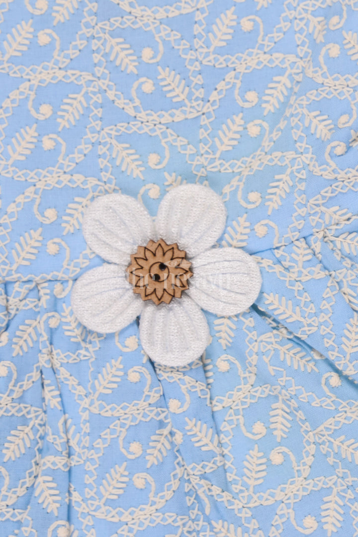 Sky Blue Cotton Sleeveless Frock with Daisy Appliqué and Floral Print for Casual Outings