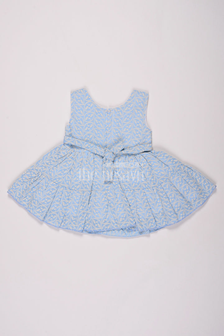 Sky Blue Cotton Sleeveless Frock with Daisy Appliqué and Floral Print for Casual Outings