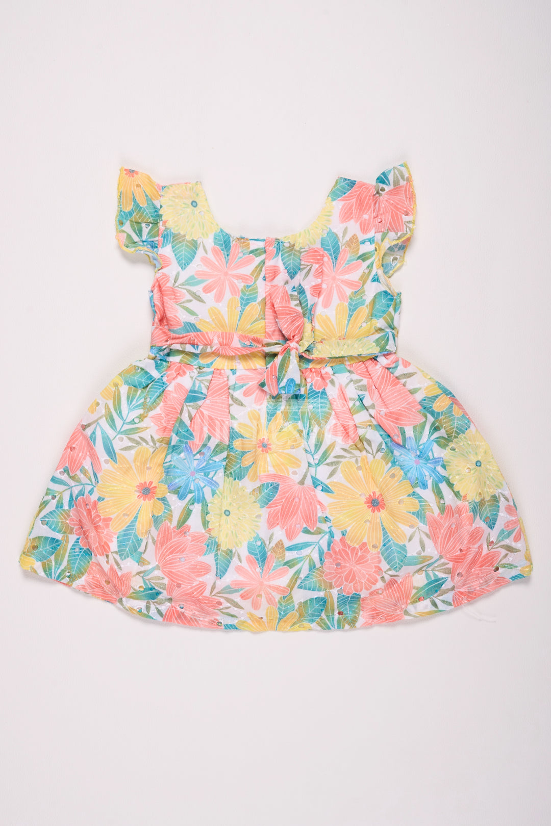 Girls Multicolor Cotton Frock with Flutter Sleeves and Yellow Floral Waistband for Summer Fun