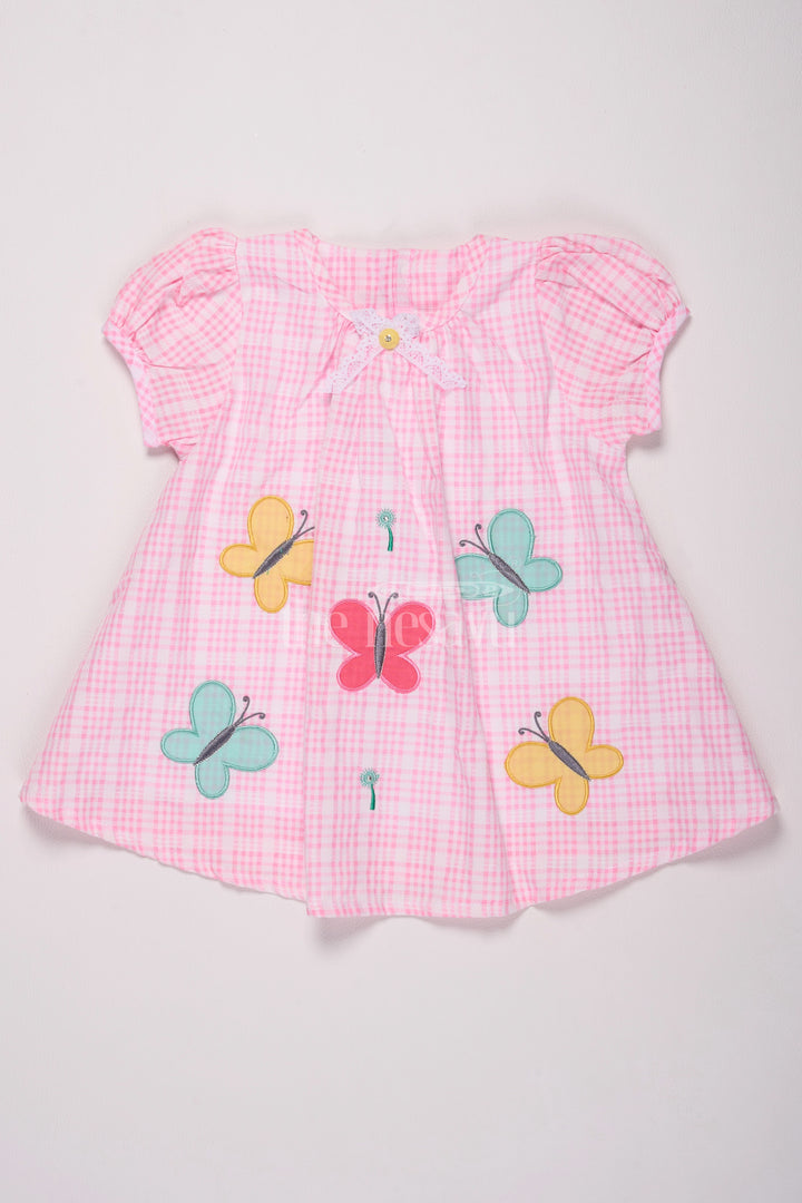 Pink Gingham Baby Cotton Frock with Colorful Butterfly Appliqué and Puff Sleeves for Girls