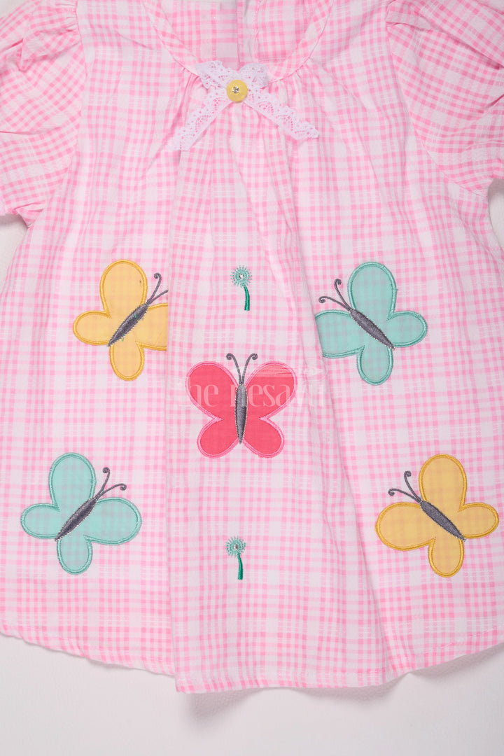 Pink Gingham Baby Cotton Frock with Colorful Butterfly Appliqué and Puff Sleeves for Girls