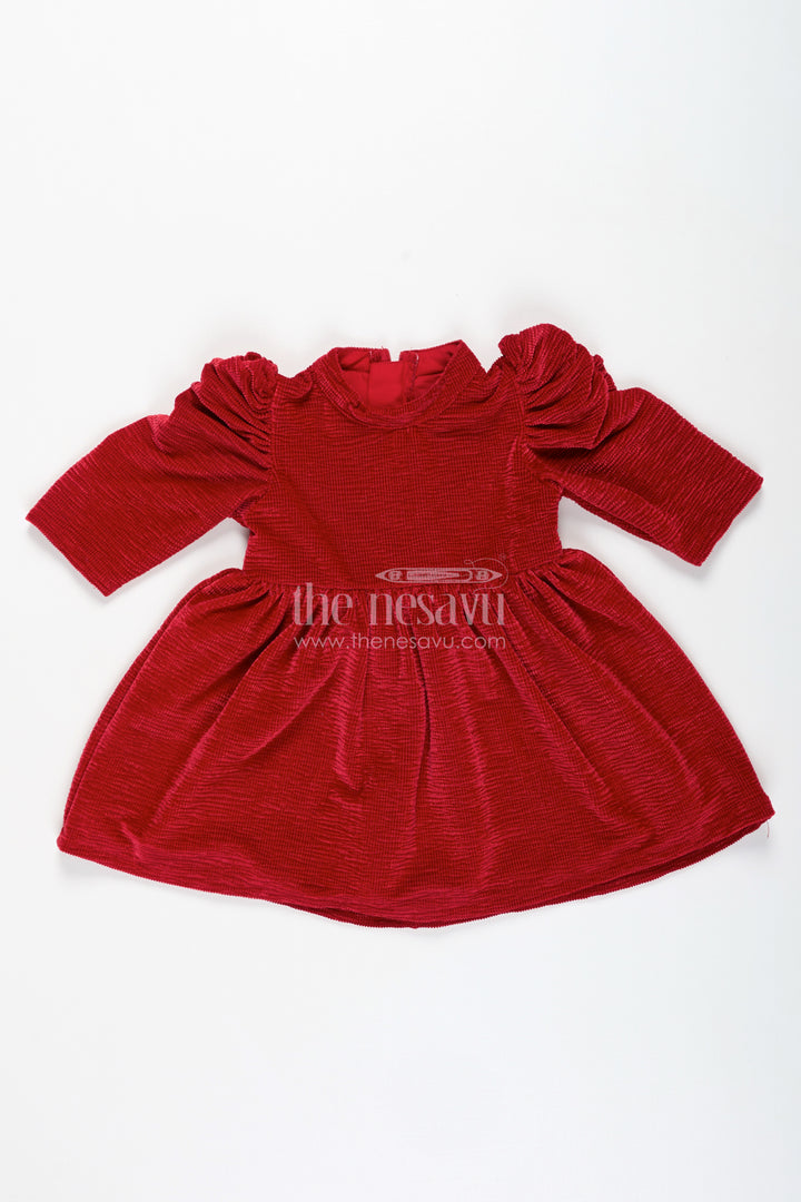 Baby Fancy Frock in Rich Red Velvet with Puff Sleeves and Elegant Gathered Waist for Girls