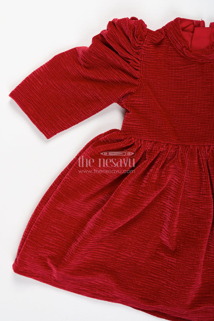 Baby Fancy Frock in Rich Red Velvet with Puff Sleeves and Elegant Gathered Waist for Girls
