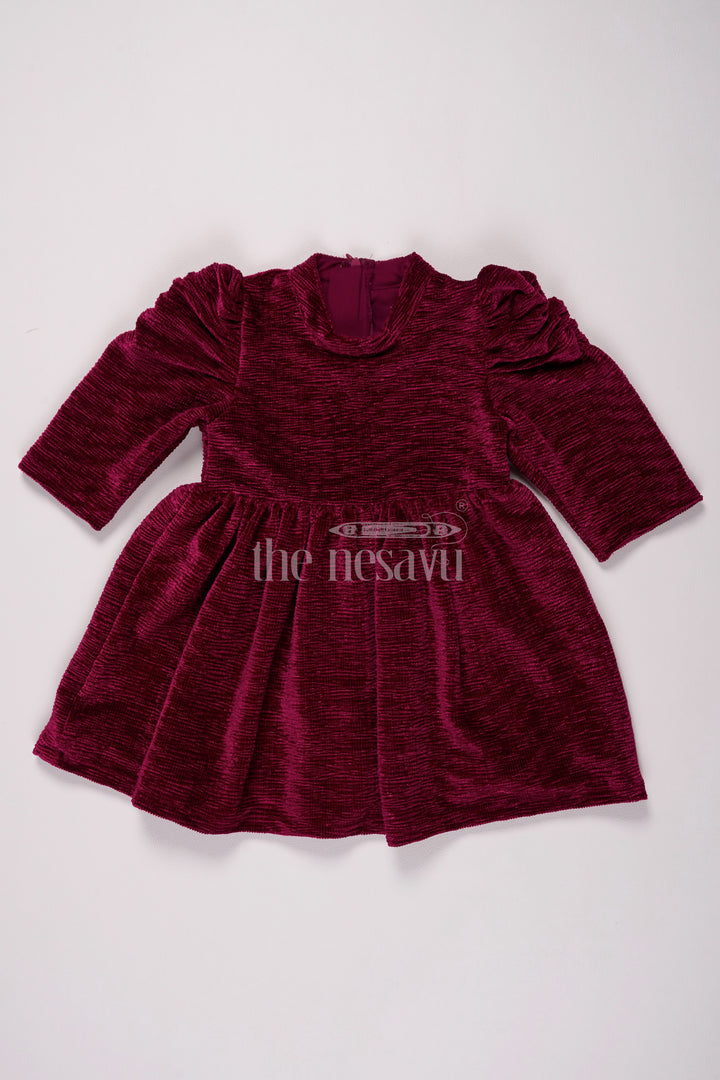 Maroon Glaze Organza Baby Fancy Frock with 3/4 Sleeves and Pleated Skirt for Girls Casual and Festive Wear