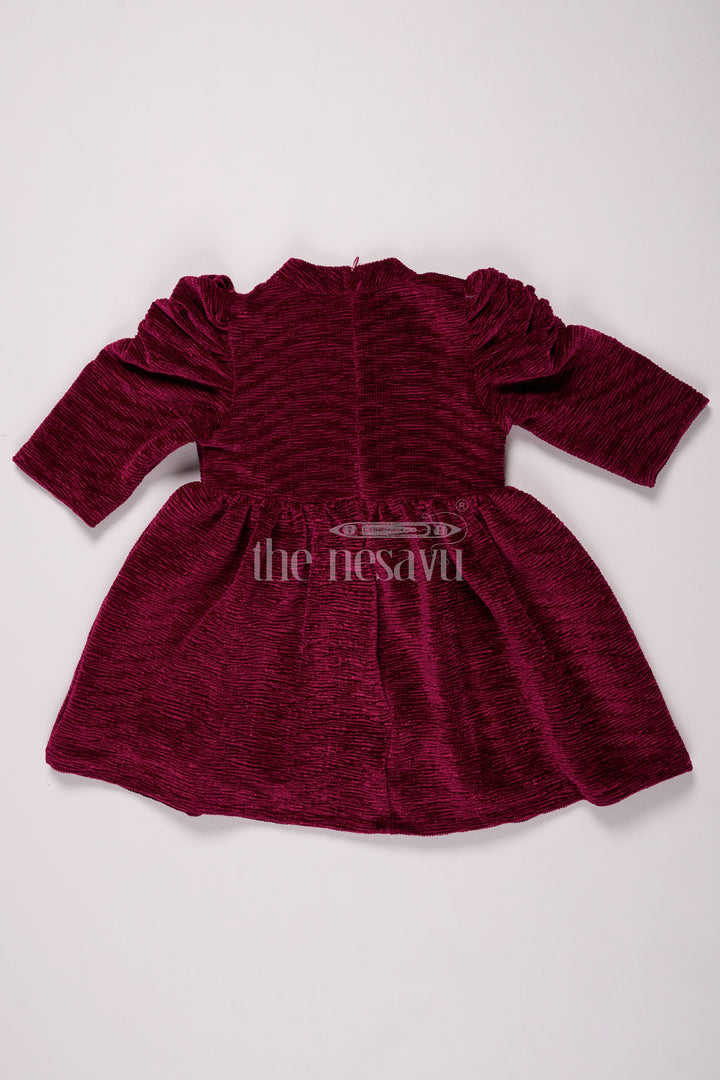 Maroon Glaze Organza Baby Fancy Frock with 3/4 Sleeves and Pleated Skirt for Girls Casual and Festive Wear