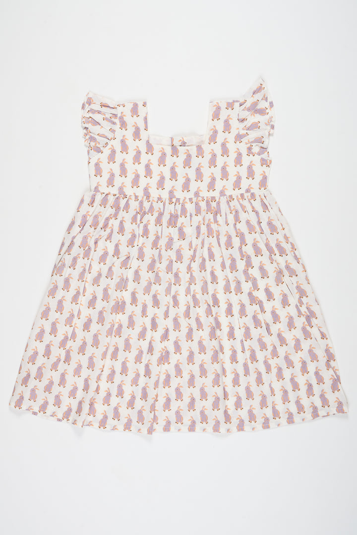 Adorable White Baby Cotton Frock with Bunny Print and Ruffled Sleeves Perfect for Playdates