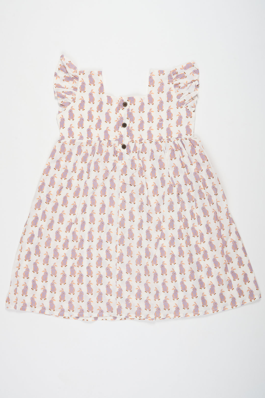 Adorable White Baby Cotton Frock with Bunny Print and Ruffled Sleeves Perfect for Playdates