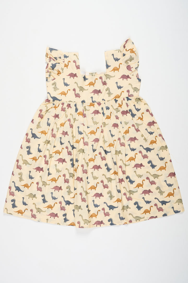 Beige Baby Cotton Frock with Dinosaur Print and Ruffled Sleeves Ideal for Playful Outings