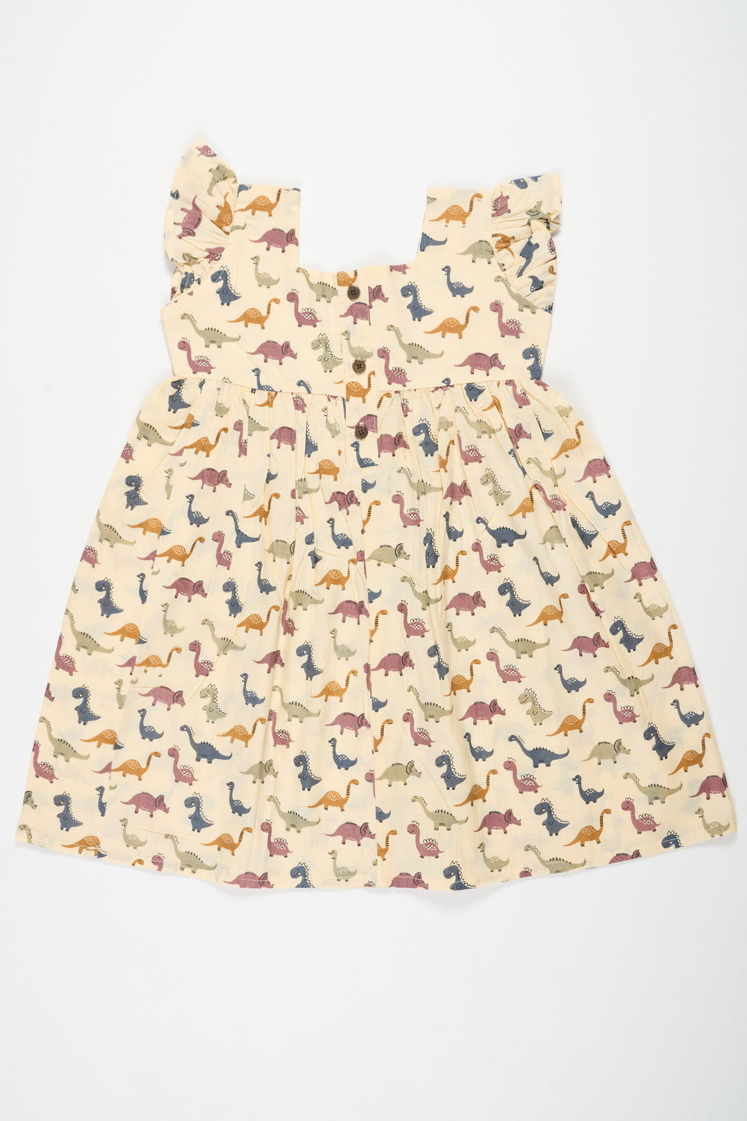 Beige Baby Cotton Frock with Dinosaur Print and Ruffled Sleeves Ideal for Playful Outings