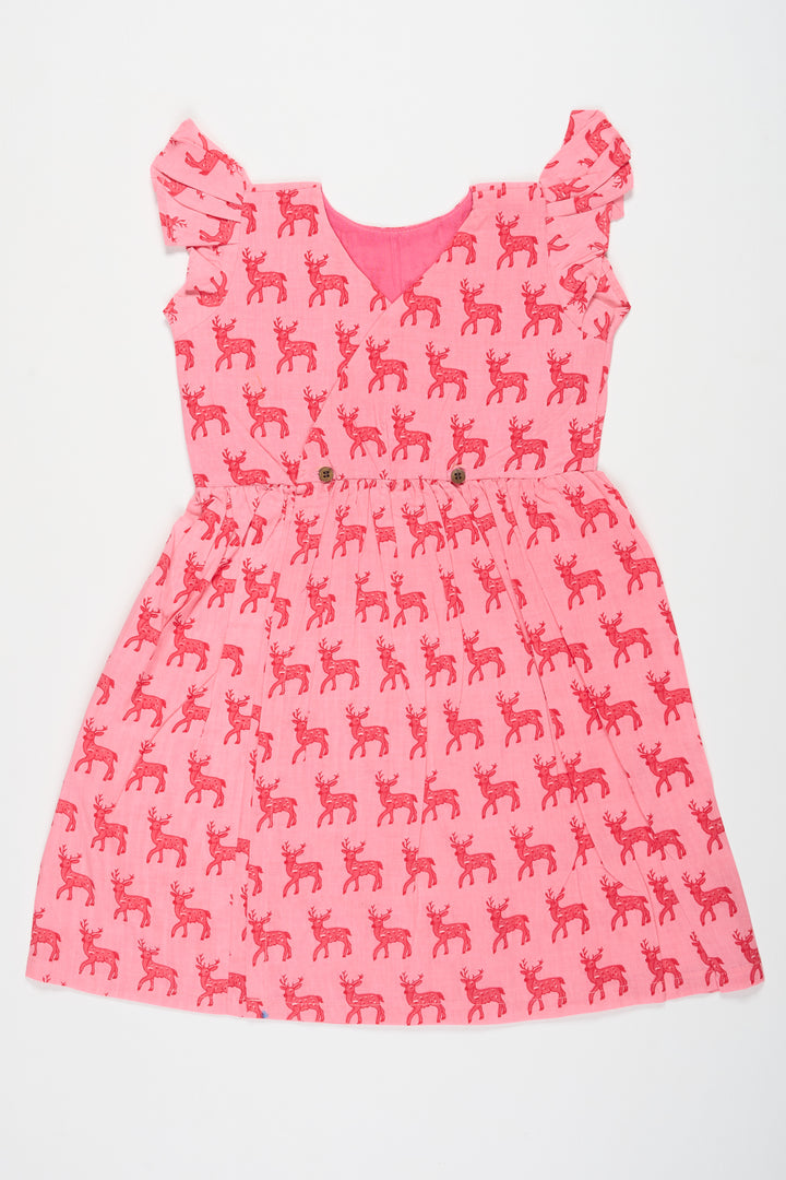 Baby Cotton Frock in Pink with Deer Print and Ruffled Sleeves Perfect for Playdates