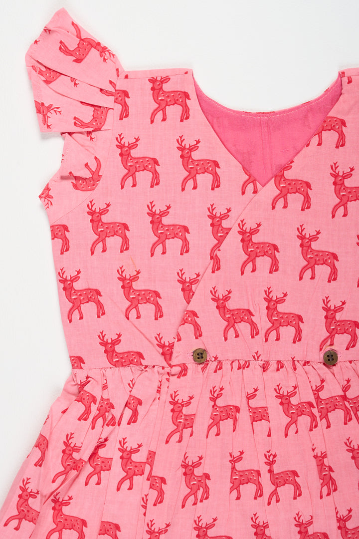 Baby Cotton Frock in Pink with Deer Print and Ruffled Sleeves Perfect for Playdates