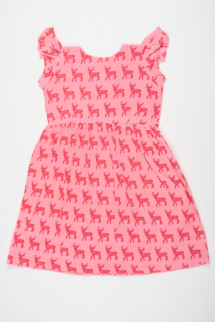 Baby Cotton Frock in Pink with Deer Print and Ruffled Sleeves Perfect for Playdates