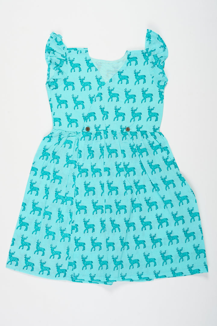 Blue Baby Girl Cotton Frock with Deer Print and Ruffled Sleeves Ideal for Everyday Comfort