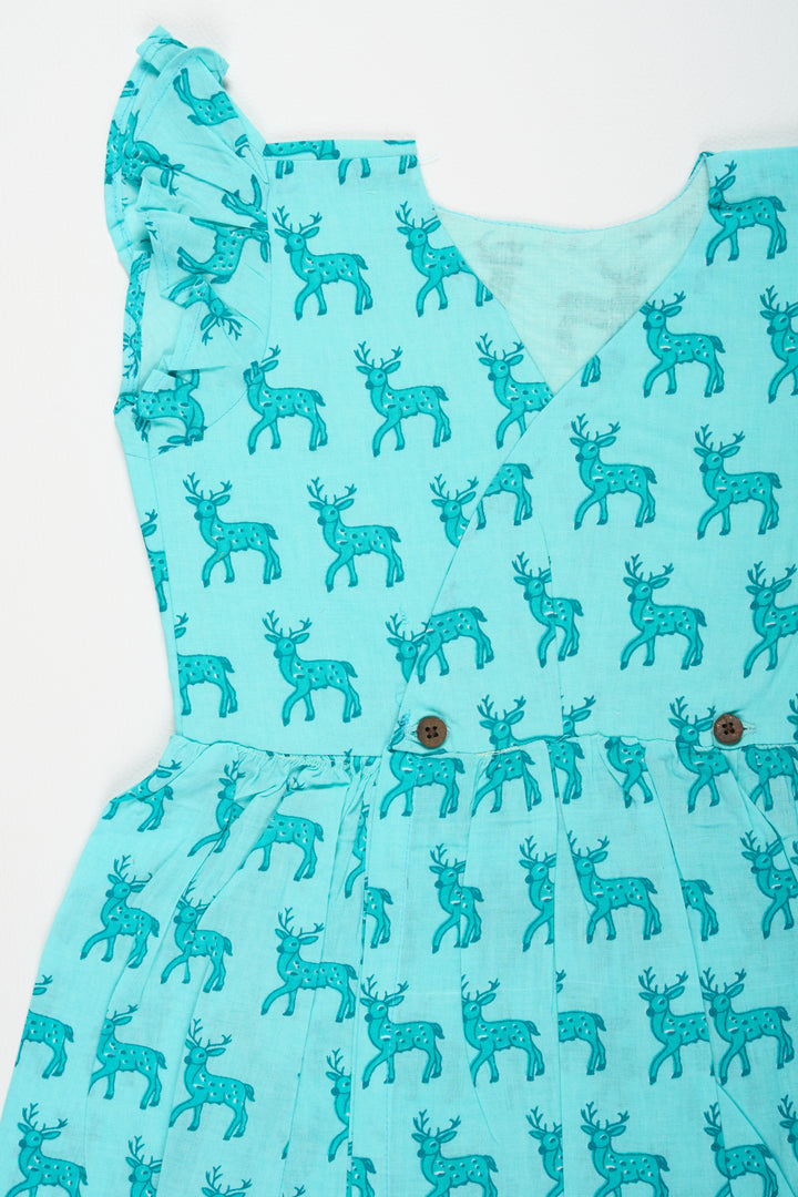 Blue Baby Girl Cotton Frock with Deer Print and Ruffled Sleeves Ideal for Everyday Comfort