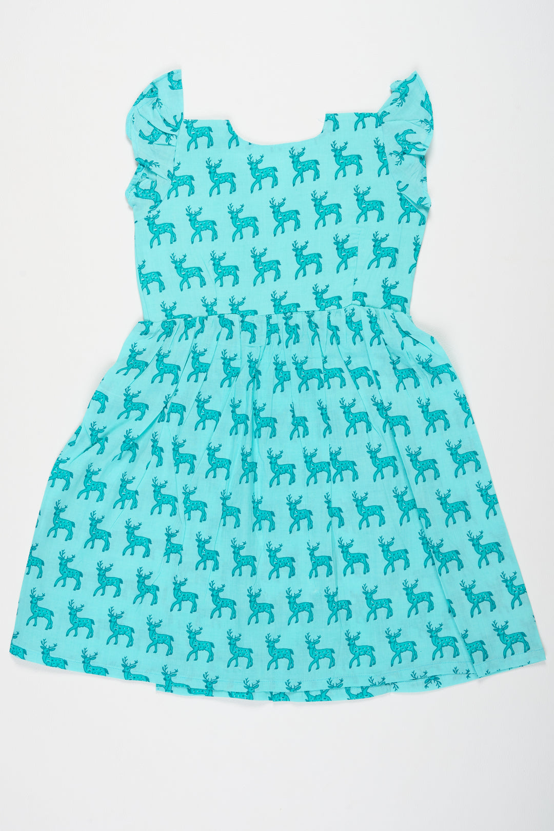 Blue Baby Girl Cotton Frock with Deer Print and Ruffled Sleeves Ideal for Everyday Comfort