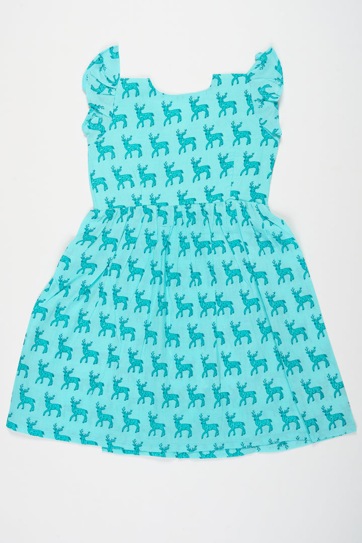 Blue Baby Girl Cotton Frock with Deer Print and Ruffled Sleeves Ideal for Everyday Comfort