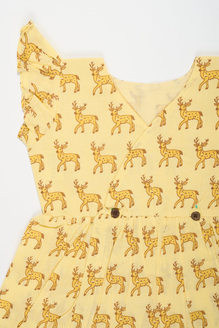 Yellow Cotton Frock with Deer Print for Babies Adorable Outfit for Playful Days