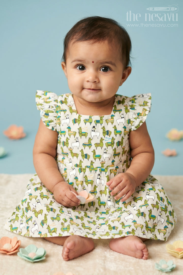 Short White Cotton Frock with Colorful Llama Print for Babies Playful Summer Outfit
