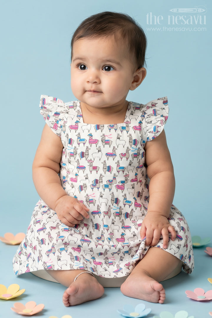 Baby Cotton Party Frock in White with Llama Print and Ruffled Sleeves Ideal for Fun Gatherings