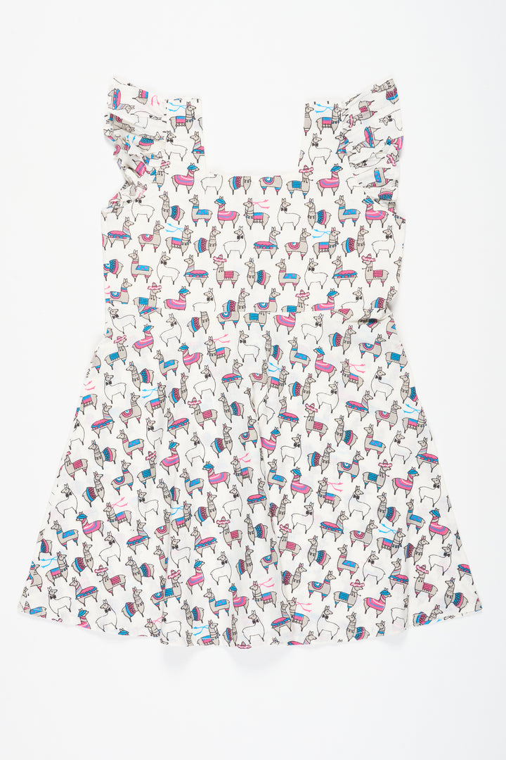 Baby Cotton Party Frock in White with Llama Print and Ruffled Sleeves Ideal for Fun Gatherings