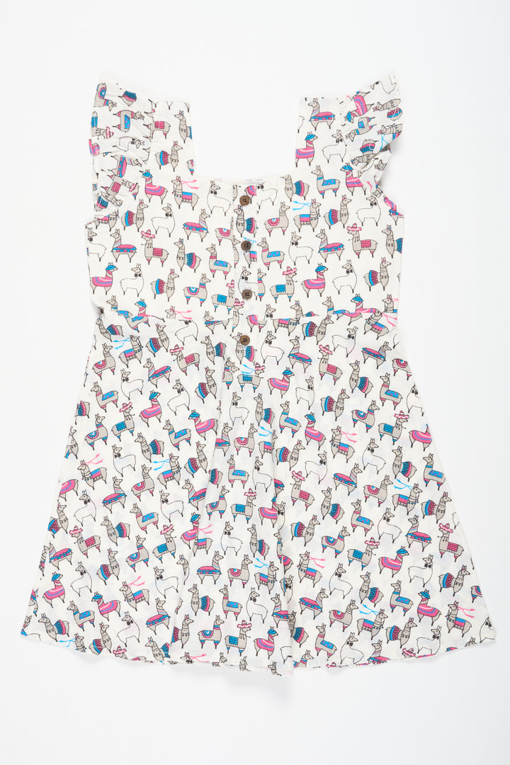 Baby Cotton Party Frock in White with Llama Print and Ruffled Sleeves Ideal for Fun Gatherings