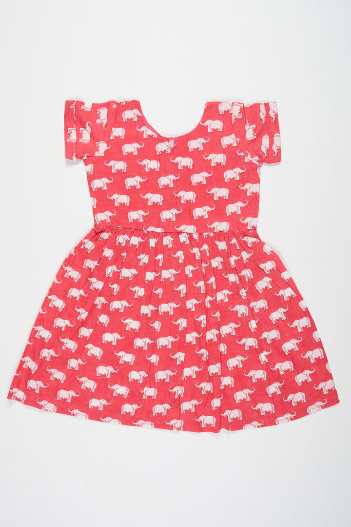 Red Baby Cotton Party Frock with Elephant Print and Short Sleeves Perfect for Birthday Celebrations