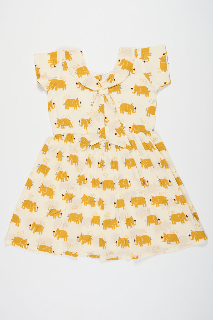 Yellow Baby Cotton Frock with Elephant Print and Bow Detail Ideal for Casual Outings