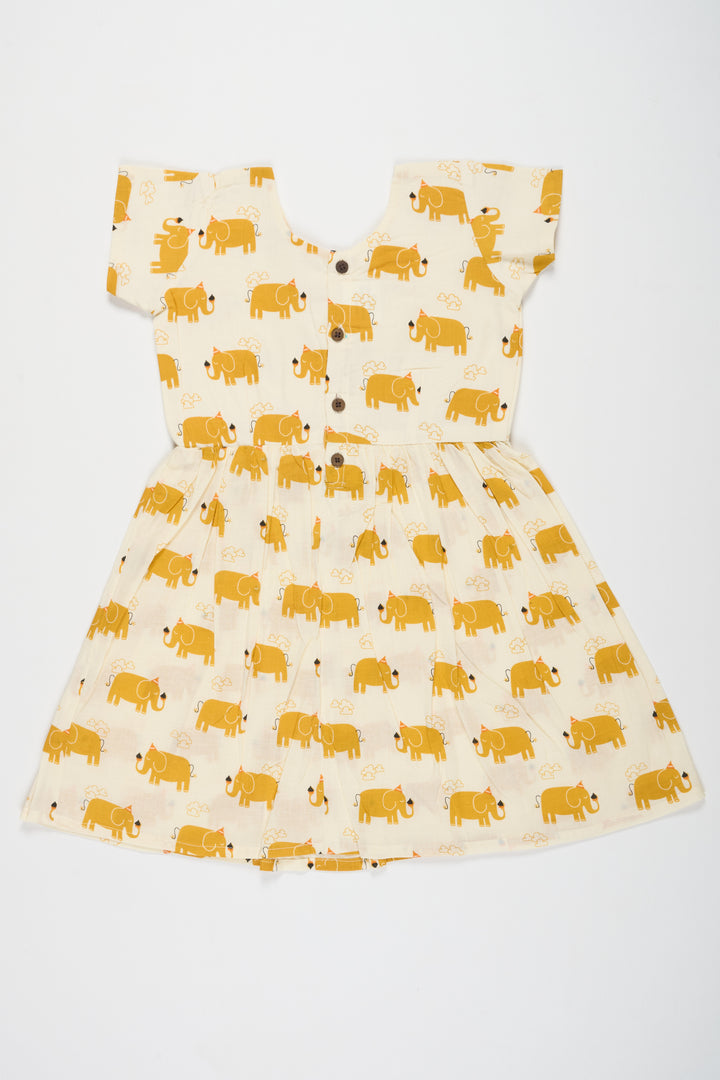 Yellow Baby Cotton Frock with Elephant Print and Bow Detail Ideal for Casual Outings