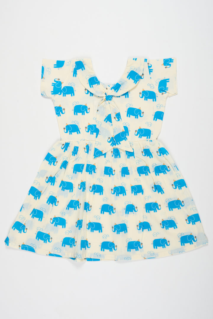 Blue Cotton Baby Frock with Elephant Print and Bow Detail Ideal for Summer Outings