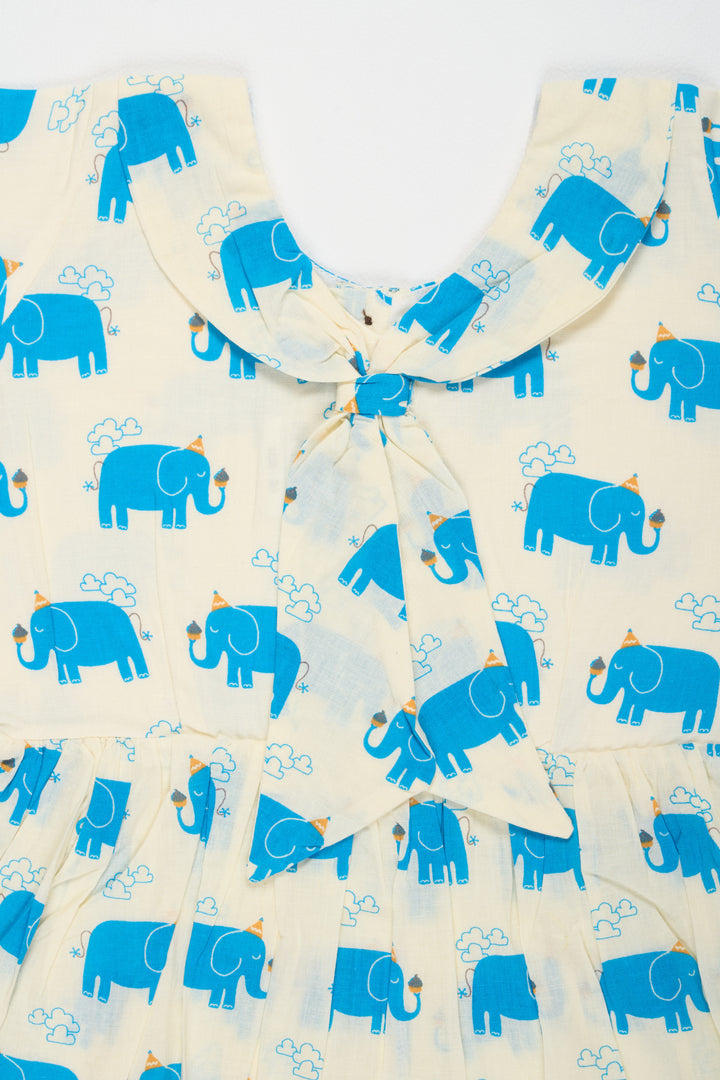 Blue Cotton Baby Frock with Elephant Print and Bow Detail Ideal for Summer Outings