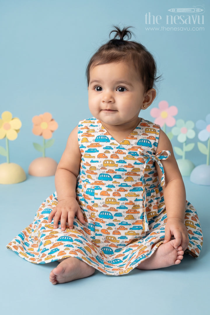 Adorable Casual Cotton Frock for Baby Girls with Fun Car Print Comfortable Everyday Wear