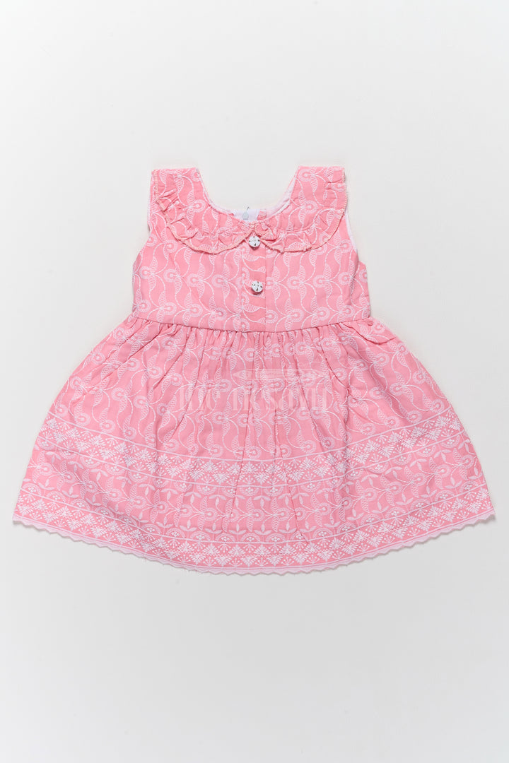 Baby Cotton Dress with Pink Embroidered Patterns and Ruffled Collar