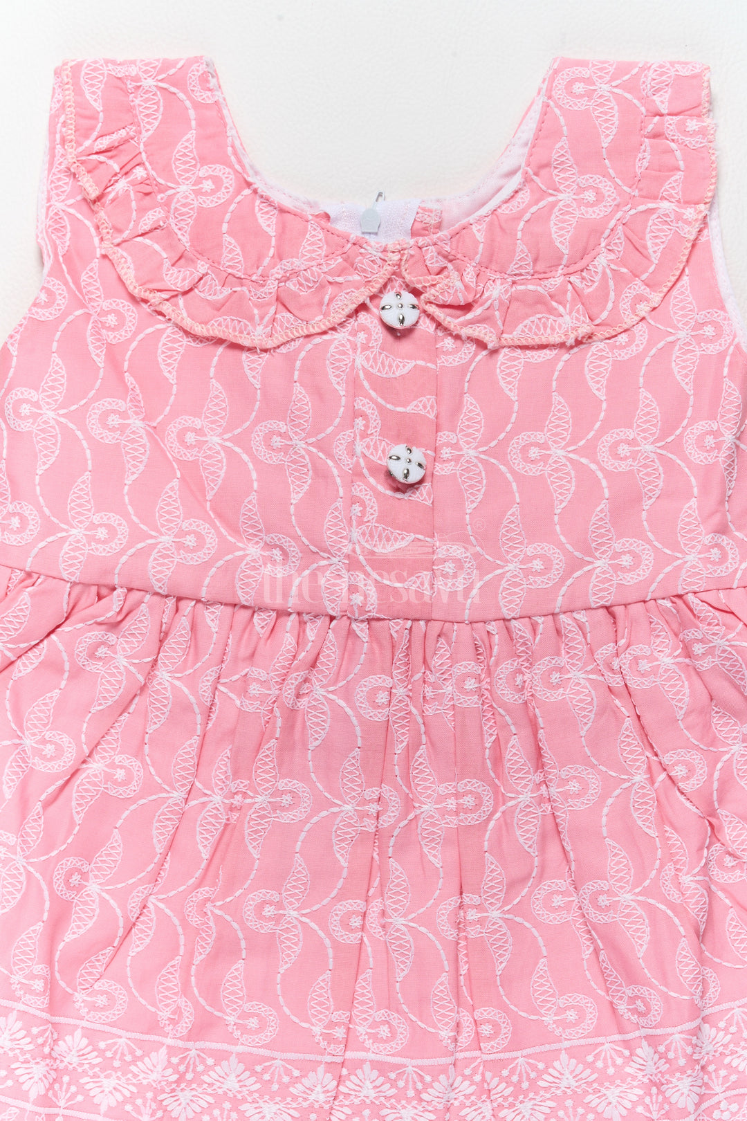 Baby Cotton Dress with Pink Embroidered Patterns and Ruffled Collar