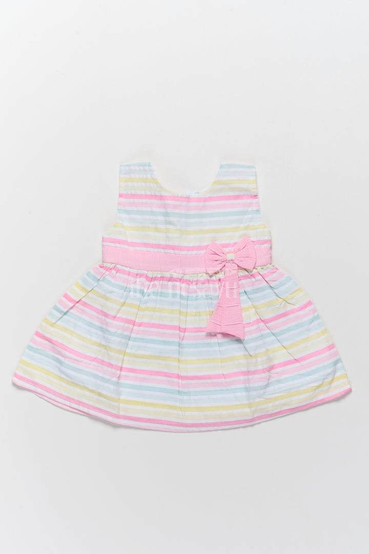 Baby Cotton Half Frock with Multicolor Stripes and Pink Bow Accent