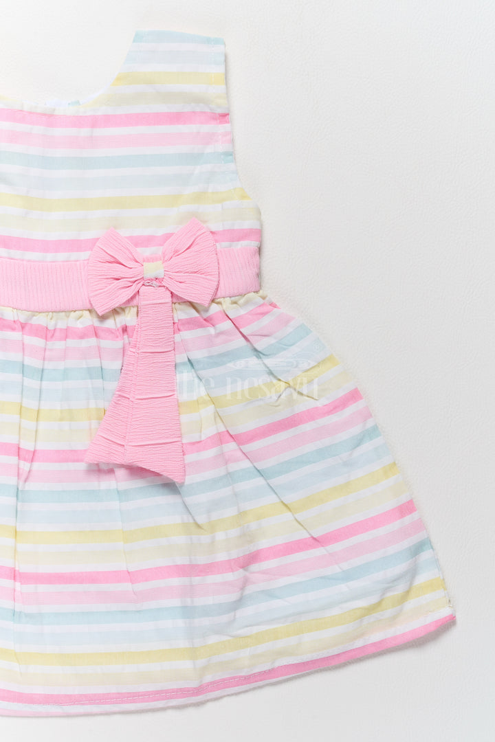 Baby Cotton Half Frock with Multicolor Stripes and Pink Bow Accent