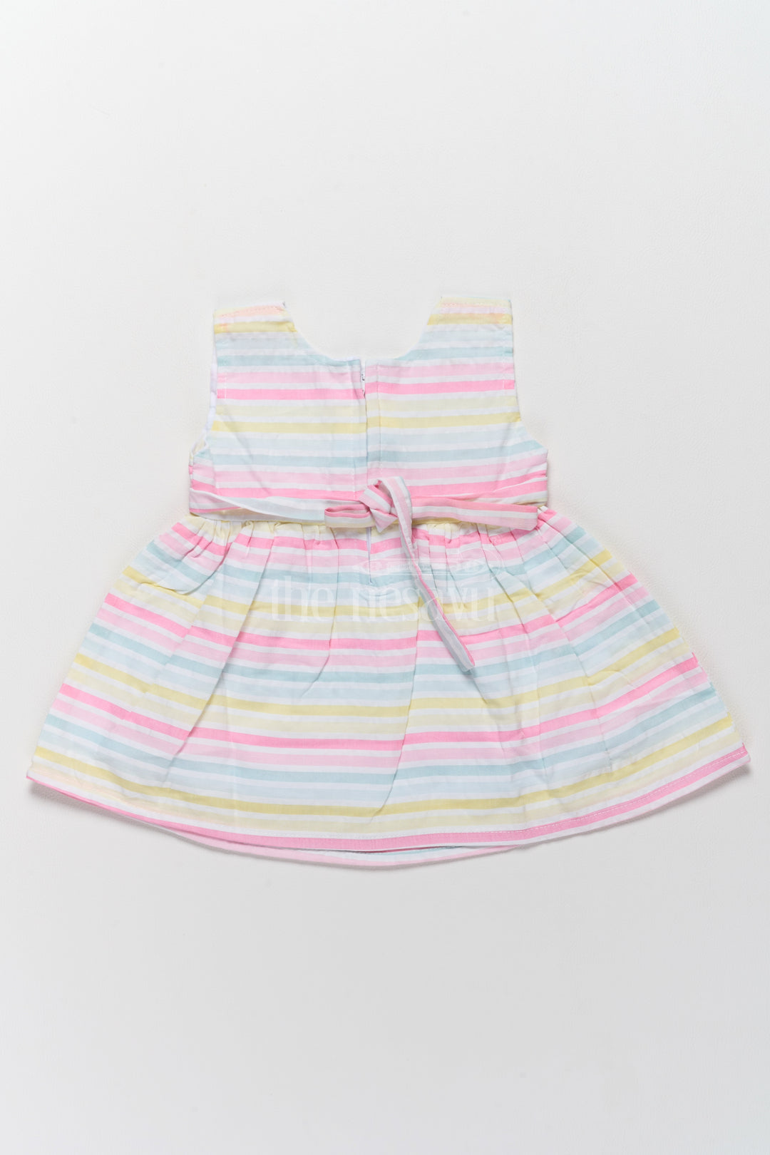 Baby Cotton Half Frock with Multicolor Stripes and Pink Bow Accent