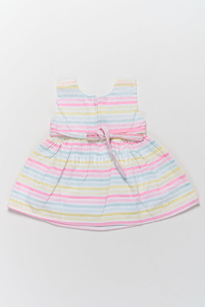 Baby Cotton Half Frock with Multicolor Stripes and Pink Bow Accent