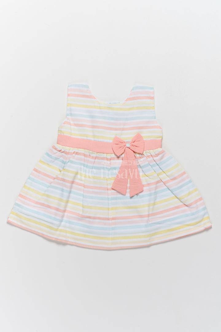 Baby Cotton Short Dress with Pastel Stripes and Peach Bow Accent