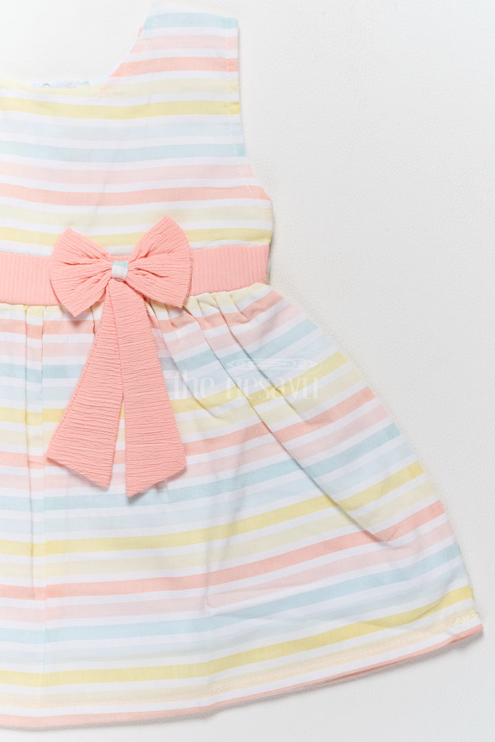 Baby Cotton Short Dress with Pastel Stripes and Peach Bow Accent