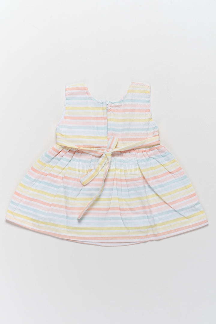 Baby Cotton Short Dress with Pastel Stripes and Peach Bow Accent