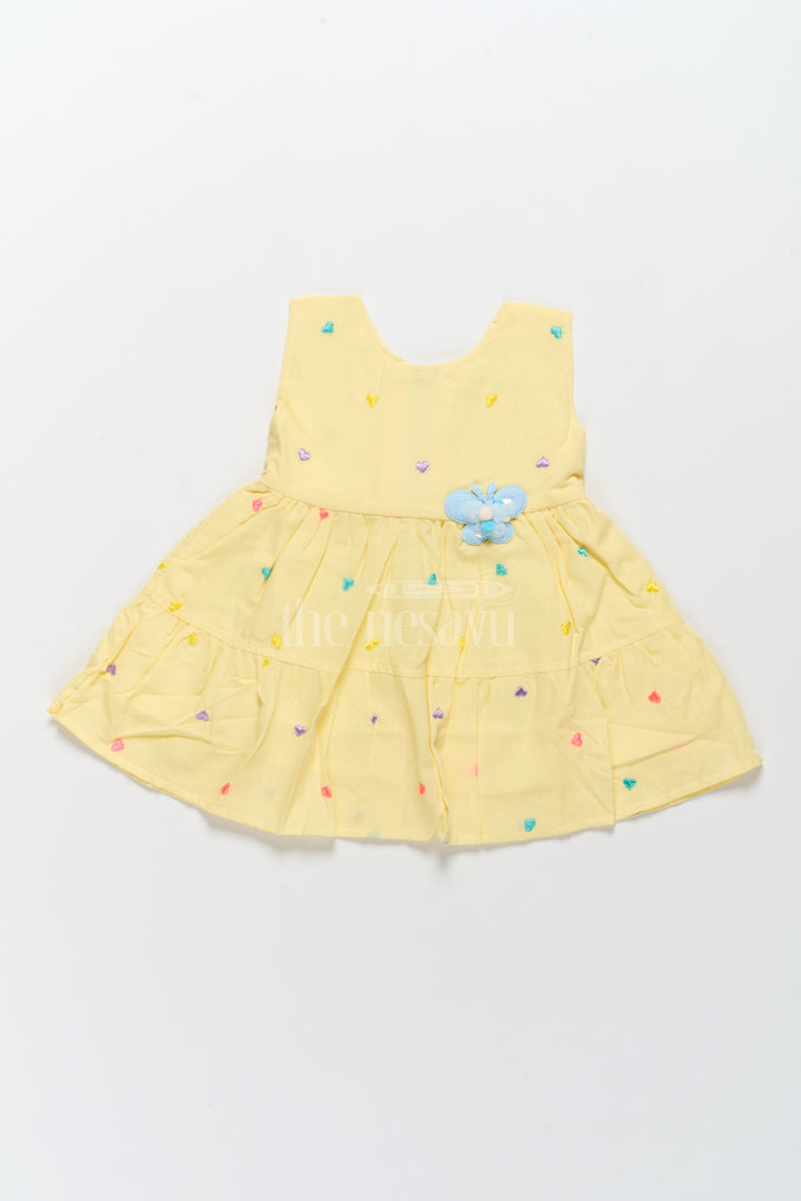 Baby Cotton Yellow Short Frock with Colorful Heart Embroidery and Flower Detail