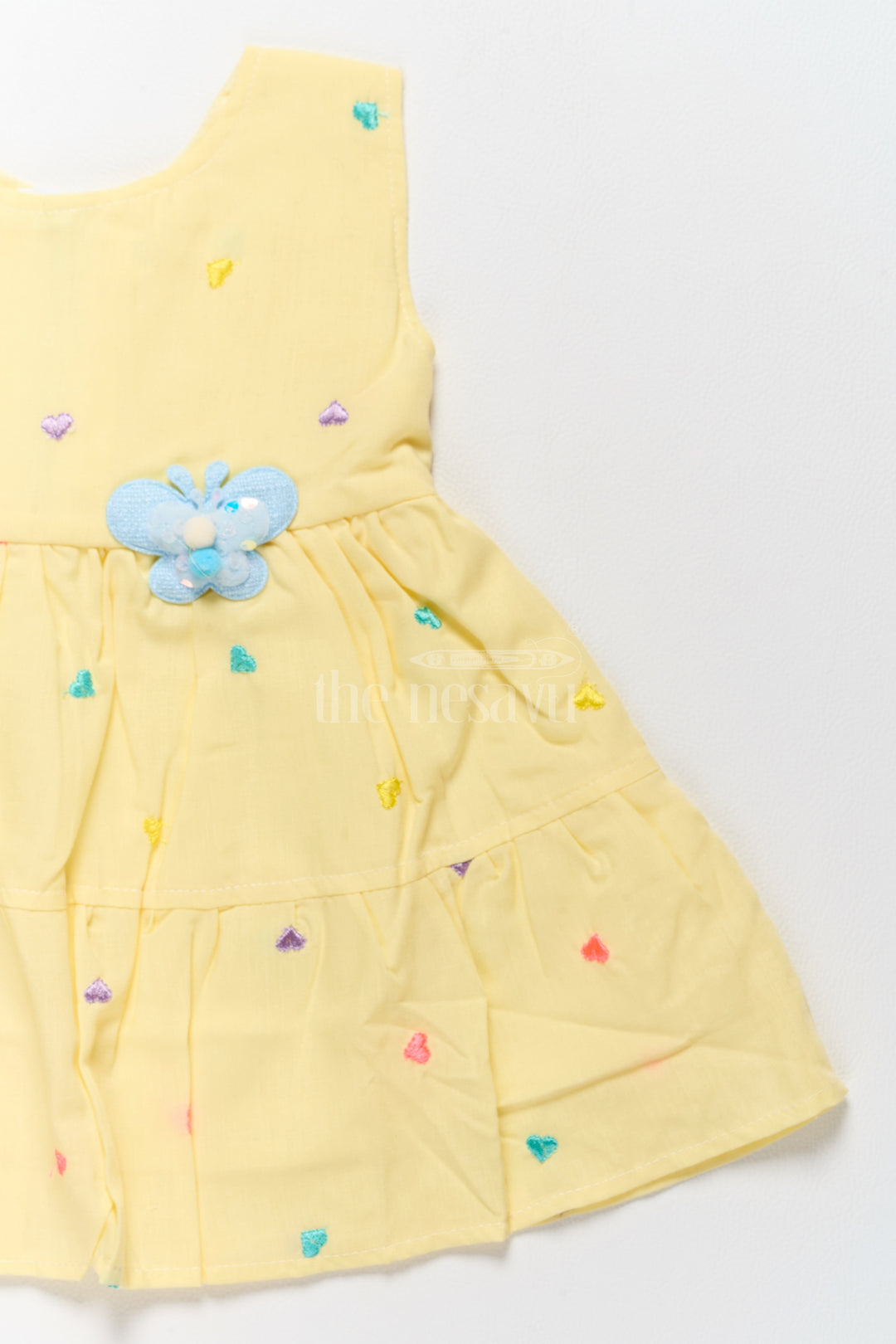 Baby Cotton Yellow Short Frock with Colorful Heart Embroidery and Flower Detail