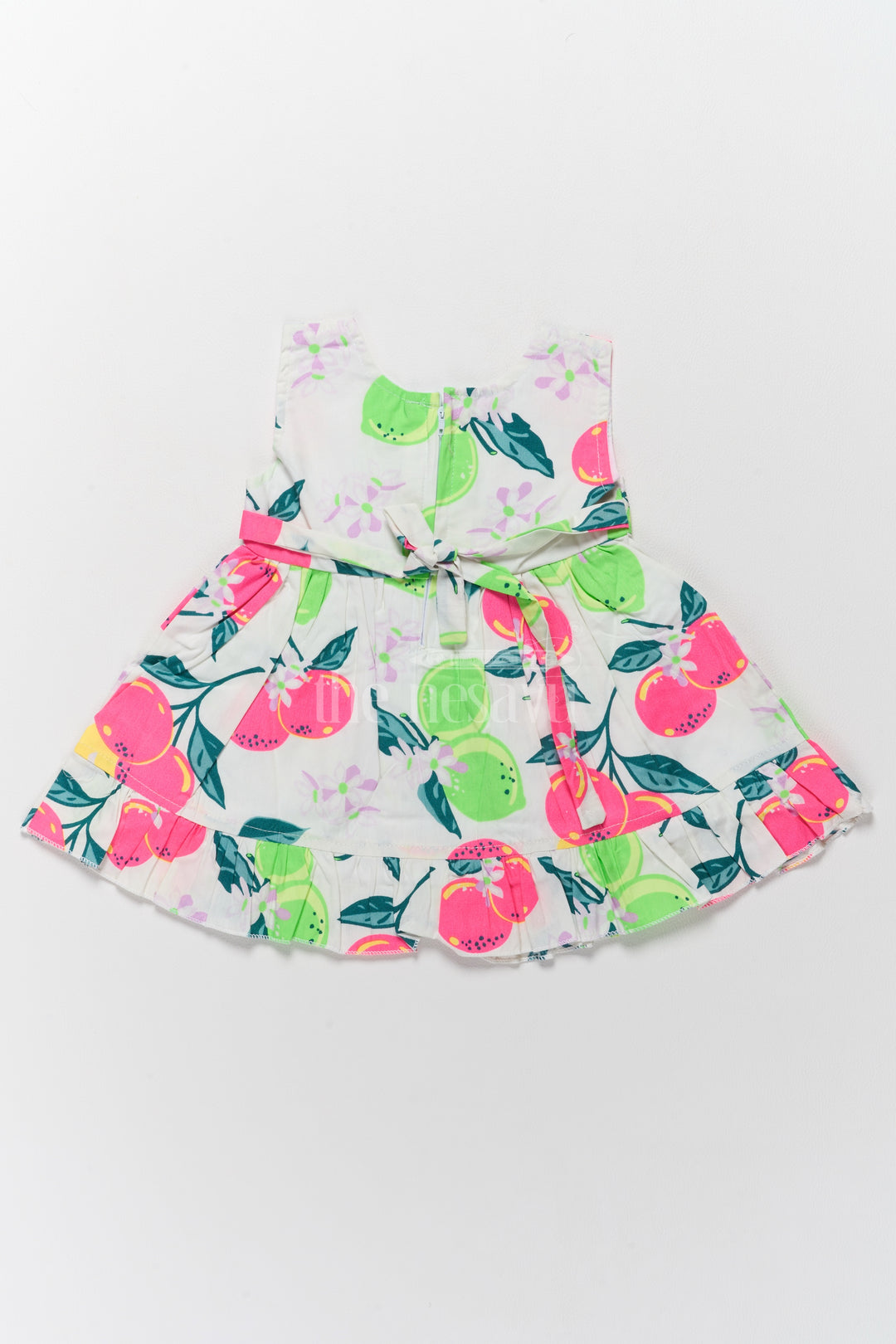 Baby Cotton Frock with Vibrant Fruit Print and Bow Accent